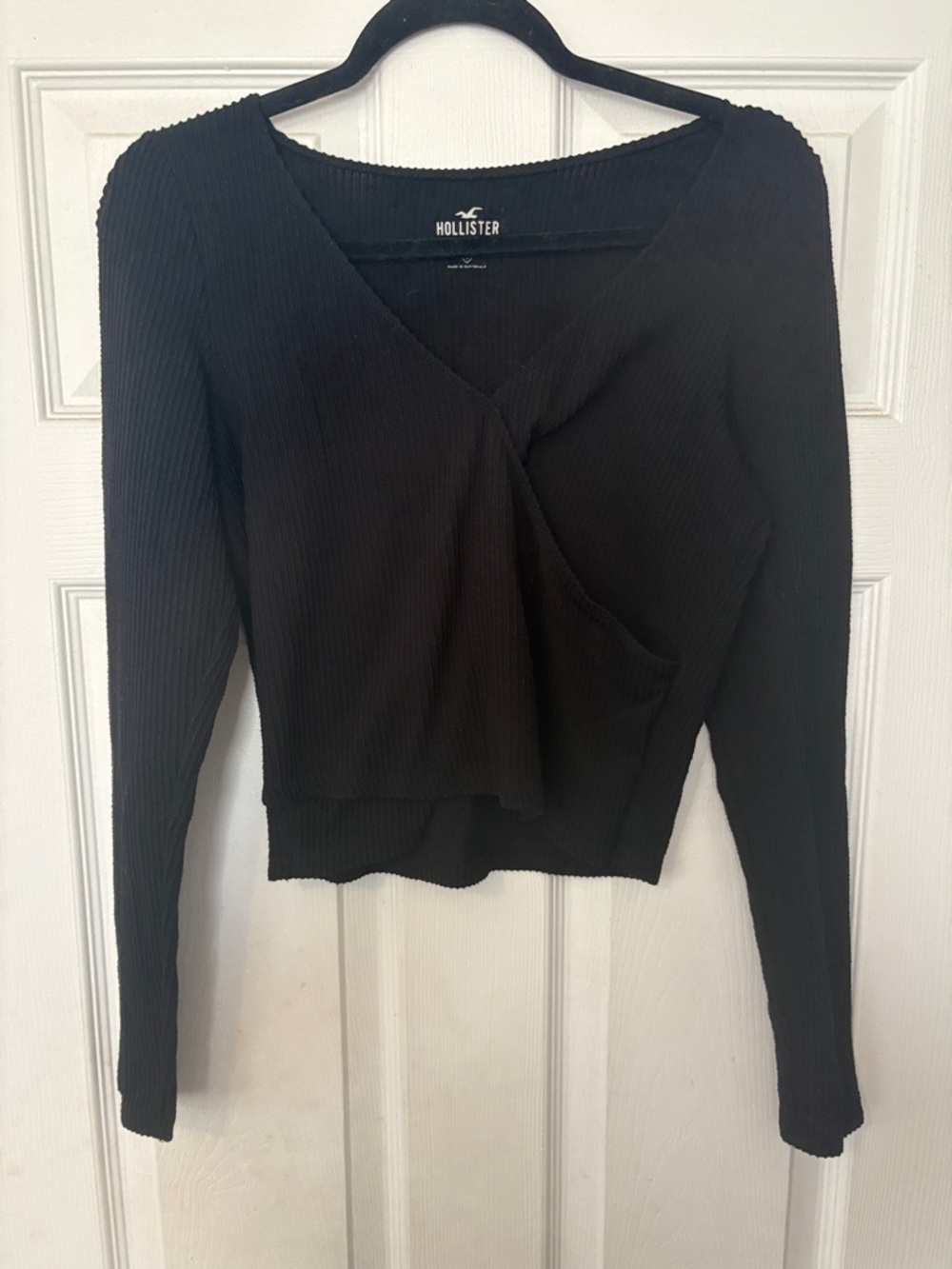 Hollister Black Ribbed Wrap-Front Long Sleeve Cropped Top
